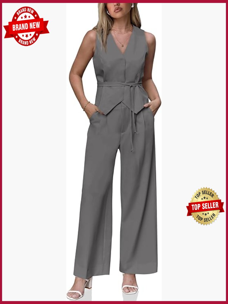 Business Casual 2 Piece Outfits V Neck Sleeveless Tie Waist Blazer Vest Pleated